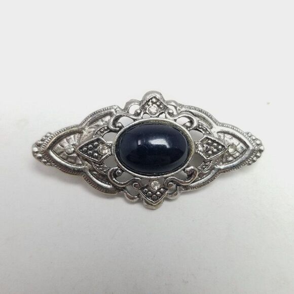 Vintage Black Cabochon and Silver Tone Brooch, Unisex Design, Estate Lapel Pin - Picture 2 of 6